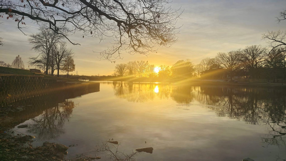 Sun in the Trees and Water at Miller Park. By Zack Campbell